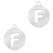 Breloques en acier inox alphabet lettre F médaillon rond 10mm Argenté