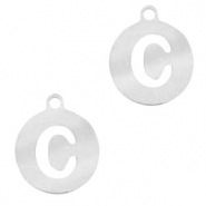 Breloques en acier inox alphabet lettre C médaillon rond 10mm Argenté