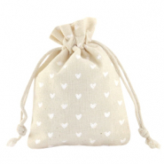 Sachet à bijoux en lin coeurs Blanc cassé