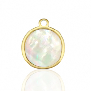 Breloques en acier Inox nacre rond 12mm Blanc (couleur naturelle)-dor&eacute;