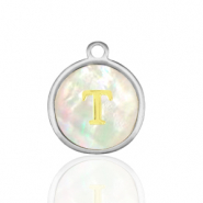 Breloques en acier Inox nacre rond 12mm lettre T Blanc (couleur naturelle)-argent&eacute;