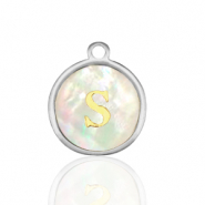 Breloques en acier Inox nacre rond 12mm lettre S Blanc (couleur naturelle)-argent&eacute;