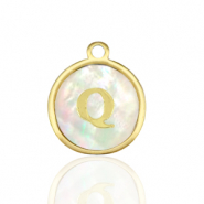 Breloques en acier Inox nacre rond 12mm lettre Q Blanc (couleur naturelle)-dor&eacute;