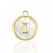 Breloques en acier Inox nacre rond 12mm lettre I Blanc (couleur naturelle)-dor&eacute;