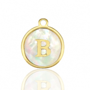 Breloques en acier Inox nacre rond 12mm lettre B Blanc (couleur naturelle)-dor&eacute;