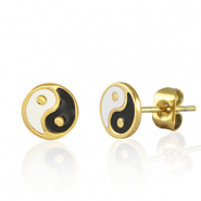 Boucles d'oreilles / puces d’oreilles en acier Inox Yin & Yang 7mm Doré-noir blanc