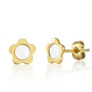 Boucles d'oreilles / puces d’oreilles en acier Inox fleur Doré-blanc perle