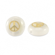 Perles en verre rondelles effet nacré signe de paix Blanc-doré