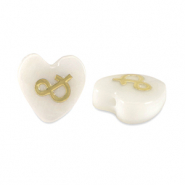 Perles en verre cœur effet nacré "&" Blanc-doré
