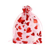 Sachet à bijoux en organza 9x12cm coeur Rose clair-rouge