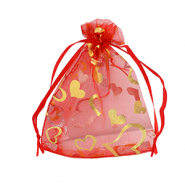 Sachet à bijoux en organza 9x12cm coeur Rouge-doré