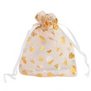 Sachet à bijoux en organza 9x12cm coeur Blanc-doré
