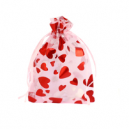 Sachet à bijoux en organza 7x9cm coeur Rose clair-rouge