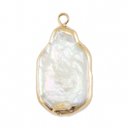 BQ Perles d'eau douce breloque rectangle Doré-Blanc naturel