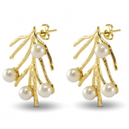 Boucles d'oreilles / puces en acier Inox algue imitations perles Doré