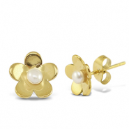Boucles d'oreilles / puces en acier Inox perles fleur Dor&eacute;