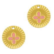 Breloques en acier Inox rond fleur Dor&eacute;-rose
