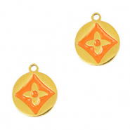 Breloques en acier Inox rond fleur Dor&eacute;-orange