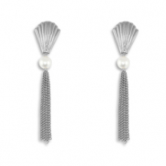 Boucles d'oreilles / puces en acier Inox coquille avec imitations perles Argenté