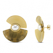 Boucles d'oreilles / puces en acier Inox éventail avec imitations perles Doré
