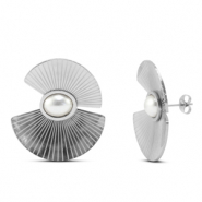 Boucles d'oreilles / puces en acier Inox éventail avec imitations perles Argenté