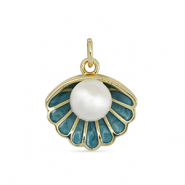 M&eacute;tal TQ laiton breloques coquille avec perle Dor&eacute;-bleu turquoise-blanc