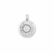 Breloques en acier Inox rond avec fleur Argent&eacute;