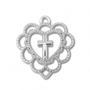 Breloques en m&eacute;tal coeur avec croix Argent&eacute;