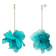 Boucles d'oreilles tendance fleur en mousseline Vert sarcelle-doré