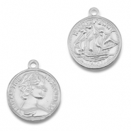 Breloques en acier Inox monnaie avec bateau/visage Argent&eacute;