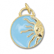 M&eacute;tal TQ laiton breloques rond avec soleil Dor&eacute;-bleu clair