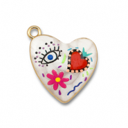 Breloques en m&eacute;tal avec &eacute;maill&eacute;e coeur Blanc-multicolore-dor&eacute;