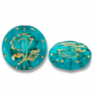 Perles acryliques rond avec fleur Bleu sarcelle-doré