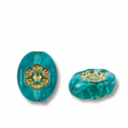 Perles acryliques ovale avec fleur Bleu sarcelle-doré