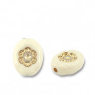 Perles acryliques ovale avec fleur Blanc cassé-doré