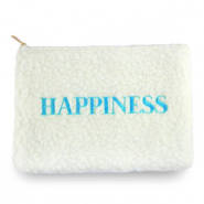 Trousse en peluche "HAPPINESS" Blanc cassé-bleu clair
