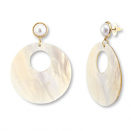 Boucles d'oreilles en coquille accroche-regard rond Blanc (couleur naturelle)-rose clair-doré