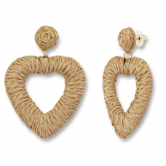 Boucles d'oreilles en raphia accroche-regard cœur Marron clair-doré
