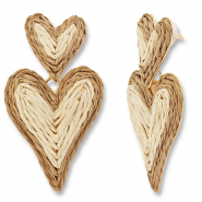 Boucles d'oreilles en raphia accroche-regard cœur Beige-marron clair-doré