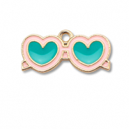 Breloques en m&eacute;tal &eacute;maill&eacute;e lunettes de soleil en c&oelig;ur Dor&eacute;-bleu turquoise-rose clair