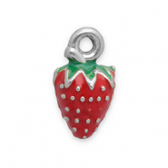 Breloques en acier Inox fraise Argent&eacute;-rouge-vert