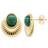 Boucles d'oreilles / puces en acier Inox ovale Doré-vert fonce-noir