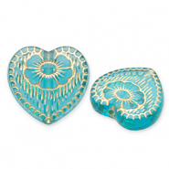 Perles acryliques cœur avec fleur Bleu sarcelle-doré