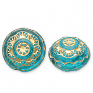 Perles acryliques rond avec fleur Bleu sarcelle-doré