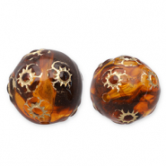 Perles acryliques 16 mm rond avec fleurs Marron cognac-doré