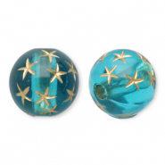 Perles acryliques 10 mm rond avec étoiles Bleu sarcelle-doré