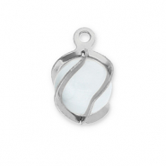 Breloques en acier Inox rond Oeil de chat Argent&eacute;-blanc laiteux