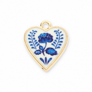 Breloques en m&eacute;tal c&oelig;ur avec fleur Dor&eacute;-blanc-bleu