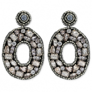 Boucles d'oreilles tendance avec perles en verre ovale Noir-argenté-bleu clair