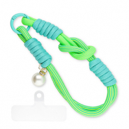 Cordon téléphonique tendance avec perle incl. attache Vert néon-sarcelle turquoise-blanc ivoire